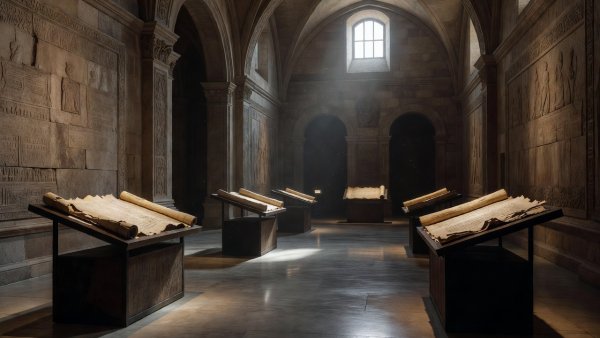 Historic artifact archive with papyrus manuscripts, display pedestals, carved stone walls, and elegant museum architecture