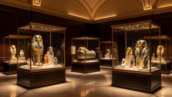 Luxury archaeological museum gallery with Egyptian artifacts displayed in elegant glass cases under warm golden lighting