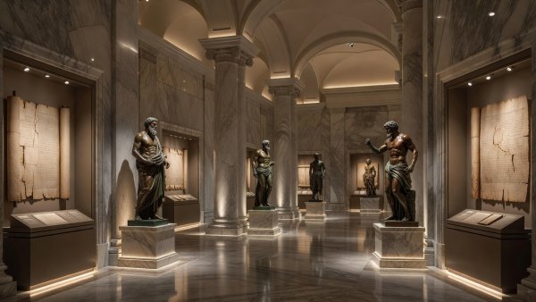 Premium museum exhibition hall with marble columns, ancient scrolls, bronze statues, and sophisticated lighting